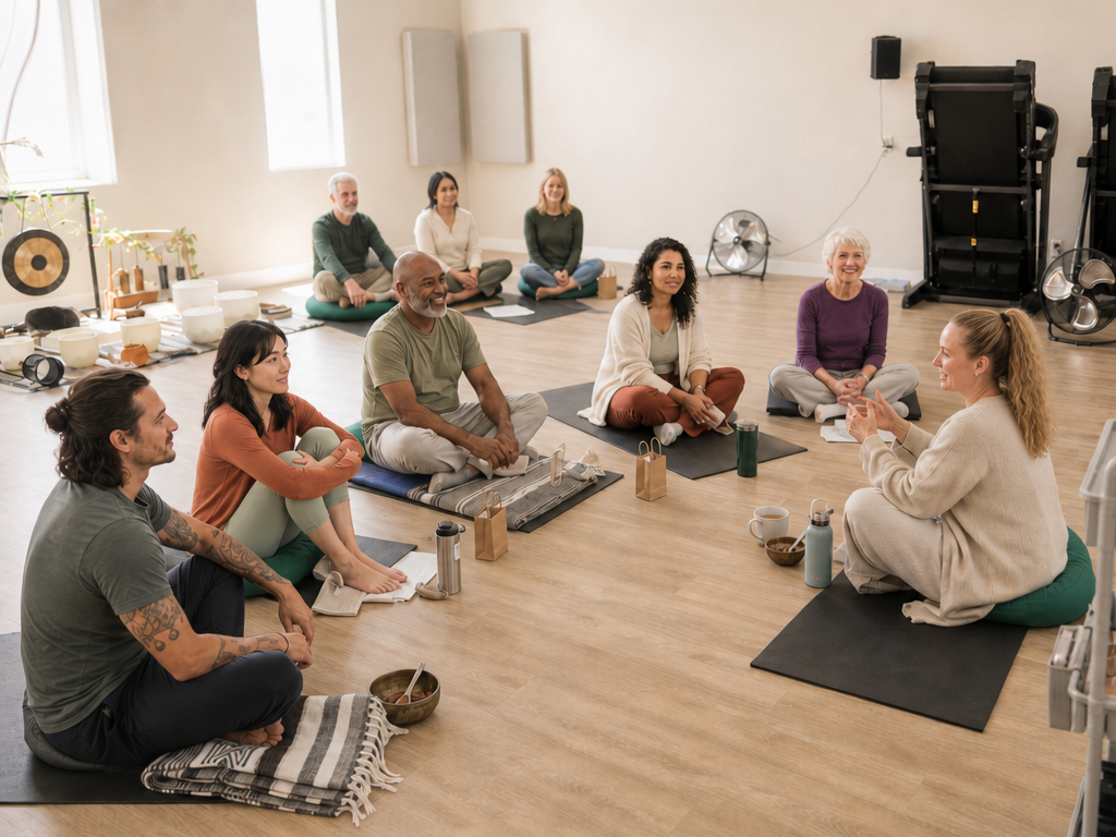 A diverse group of adults and an instructor in a wellness class at Trio Wellspace