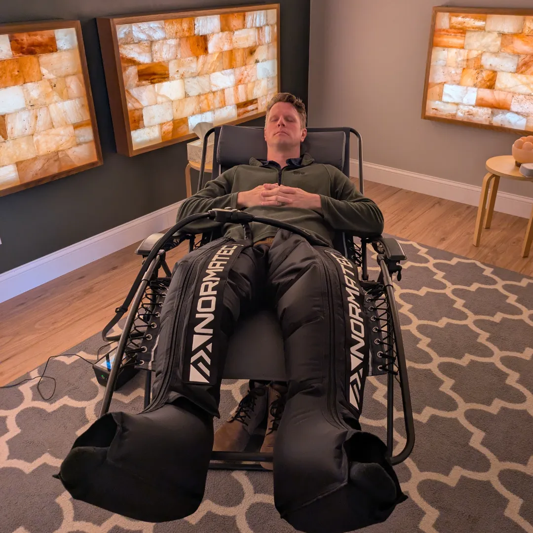 Normatec compression therapy in the Trio Wellspace Salt Room